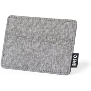 A grey, textured business card holder with two slots and a branding label on the side.