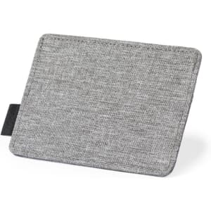 A grey fabric business card holder with a simple design and a small black tag.