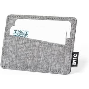 A grey card holder made from fabric, featuring two slots for business cards and a branding label.