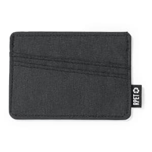 A dark grey card holder with multiple slots and a small branding tag. Made from recycled material.