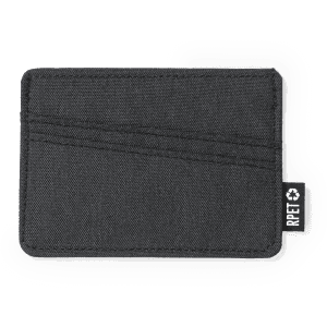 A grey card holder with a fabric texture, featuring a logo on one side and multiple card slots.