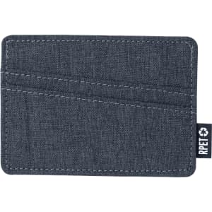 A grey business card holder with multiple slots and a small logo on the side.