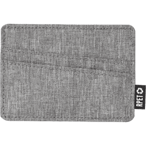 A grey fabric business card holder featuring multiple card slots and a small brand logo.