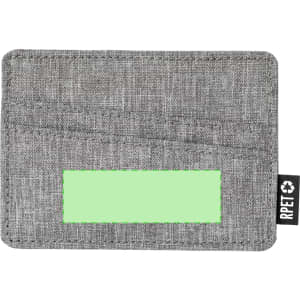 A grey fabric card holder featuring multiple slots and a green label area. It includes branding on the side.
