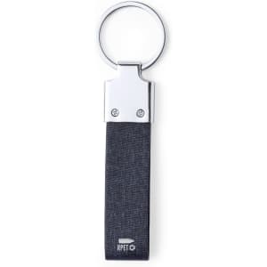 A grey keyring with a metal keychain attachment and a fabric tag, featuring a logo on the fabric.