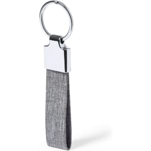 A grey fabric keyring with a silver metal attachment. It features a sleek, modern design and includes a branding logo.