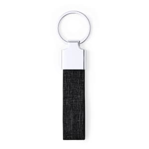 A sleek black keyring with a chrome metal attachment, featuring a fabric strip.