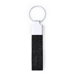 A black keyring with a silver metal ring and a textured fabric strap.