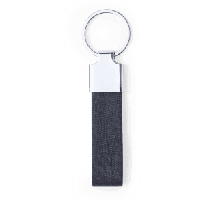 A keyring featuring a silver metal ring and a dark grey fabric strap, with a logo on the metal.