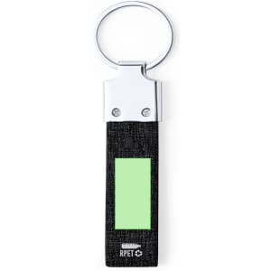 A black keyring with a silver metal ring and a green rectangular accent. Features a logo on the strap.
