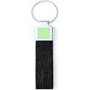 A black keyring featuring a silver metal attachment and a blank area for custom branding.