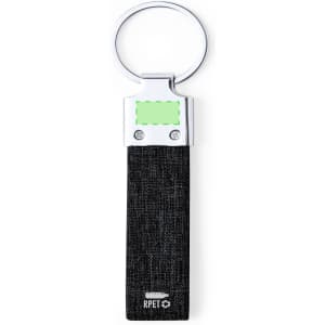 A black keyring with a metal key loop and a fabric strap, featuring a logo on the strap.