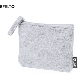 A grey felt purse with a zip closure and a small loop for carrying, featuring a logo on the side.