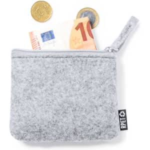 A grey felt purse containing a banknote and coins, featuring a zip closure and a branding tag.