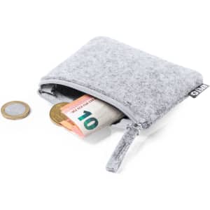 A grey felt purse with cash and coins partially visible inside the zippered pocket. It has a small logo tag.