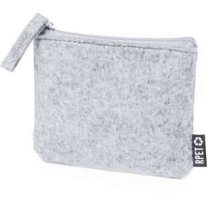 A grey felt purse with a zip closure and a branding tag at the side.