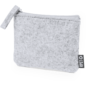 A grey felt purse with a zip closure, featuring a side tab and branding on the edge.