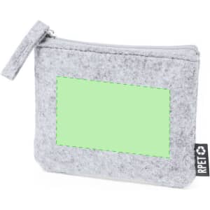 A grey felt purse with a zipper and a blank green area for customisation. It has a small branding tag.