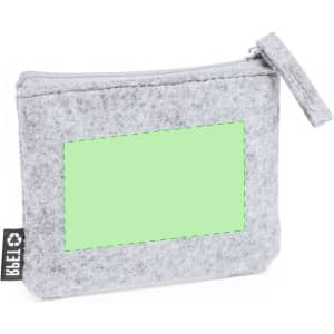 A grey felt purse with a zip closure and a blank green patch on the front, featuring a logo on the side.