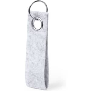 A grey Triax keyring made of felt material with a metal ring for attaching keys.