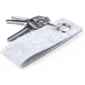 A grey felt keyring featuring a metal ring, with keys attached.