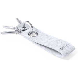 A grey felt keyring featuring several metal keys, including a keyring attachment and branding.