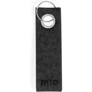 A black keyring with a silver ring, featuring a textured finish and a logo.