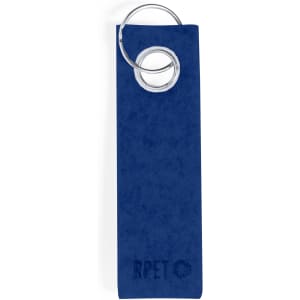 A blue keyring with a silver ring and a textured surface, featuring a logo.
