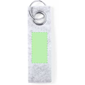 A grey keyring with a metal ring at the top and a green rectangular space for customisation.