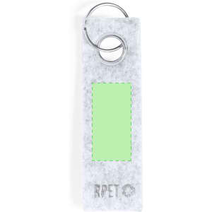 A keyring featuring a grey felt body with a circular metal ring and a green blank area for customisation.