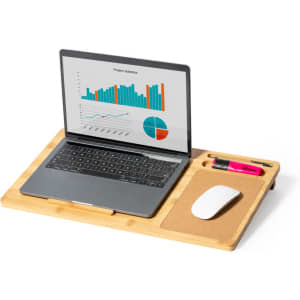 A mousepad organiser in a light wood finish, featuring a section for a mouse and space for stationery tools.