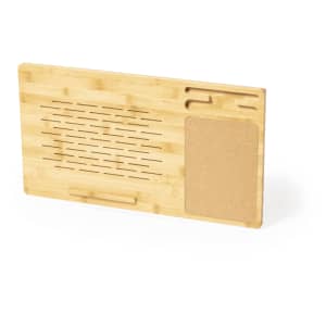 A wooden mousepad with a textured surface, featuring a cork area and organisational slots for stationery.