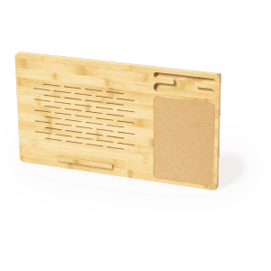 A bamboo organiser mousepad with a cork area and several compartments for office supplies. It features a logo.