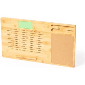 A bamboo mousepad featuring a cork section and multiple slots for organising items, with a logo imprint area.