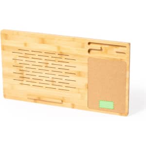 A bamboo mousepad with a textured surface and a cork section, featuring slots for organising accessories.