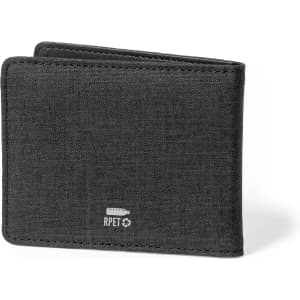 A black wallet made from RPET material, featuring a textured surface and a small logo.