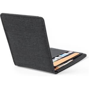 A black card holder wallet with multiple card slots and a soft, textured finish. It features a simple logo.