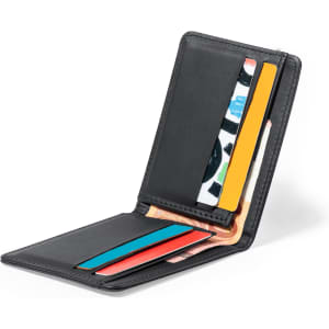 A black card holder wallet featuring multiple card slots and a sleek design. Includes a branding logo.