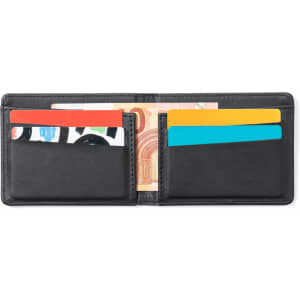 A black card holder wallet with multiple card slots and a section for notes. It features a logo.