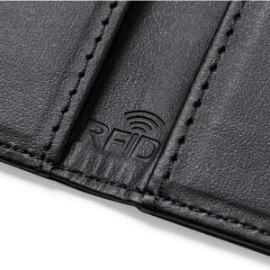 A black leather card holder wallet featuring a textured surface and a logo indicating RFID protection.