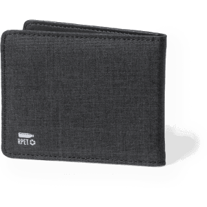 A grey wallet made from recycled material, featuring a simple design and a small brand logo.