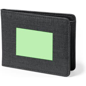 A black card holder wallet with a green insert area, featuring a logo on the front.