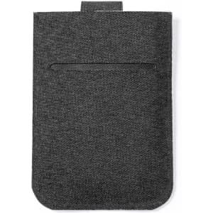 A dark grey card holder featuring a front pocket and a simple design, suitable for storage of cards.