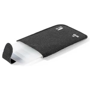 A black card holder with a sleek design, featuring a textured surface and a clear compartment for cards.