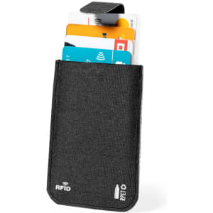 A black card holder featuring an RFID-blocking design, with multiple cards visible inside.