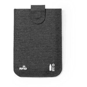 A grey RFID card holder with a flap closure, made from RPET material, featuring a small logo.