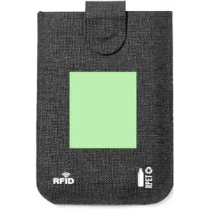 A black RFID card holder with a secure flap and a green blank area for a card. Features a small logo.