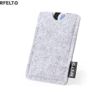 A grey felt card holder with a pocket for business cards and a branding label on the side.