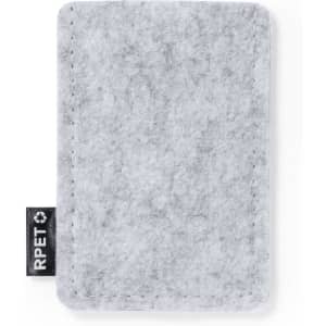 A grey felt card holder with a branding label on the side, designed for holding business cards.