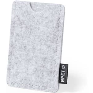 A grey felt business card holder with a small logo tag on the side.